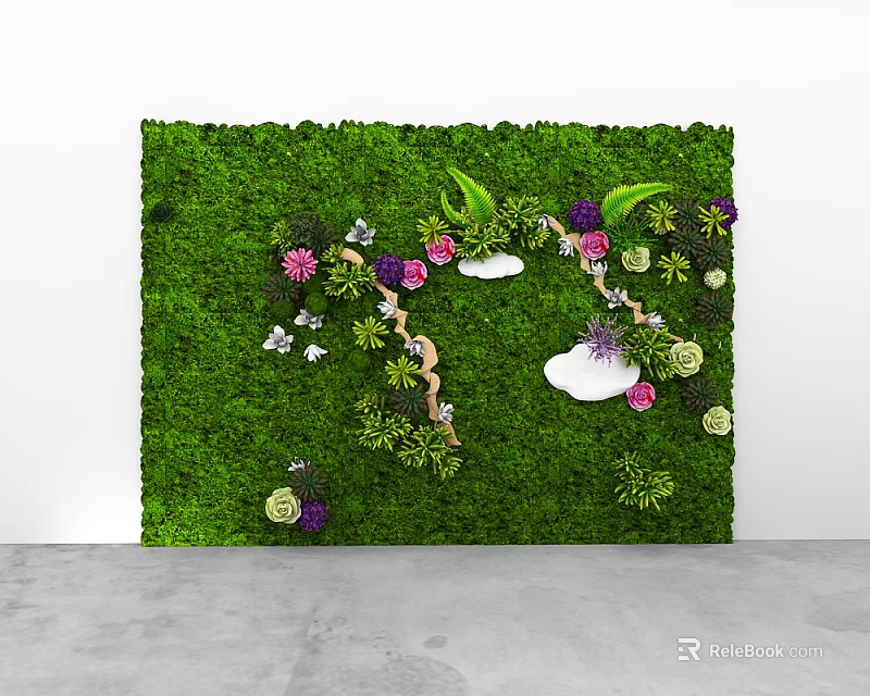 Living Plant Wall with Lush Green Moss Purple Pink Flowers White Decorations and Twisted Vines 3d model 