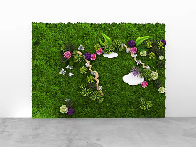 Living Plant Wall with Lush Green Moss Purple Pink Flowers White Decorations and Twisted Vines 3d model