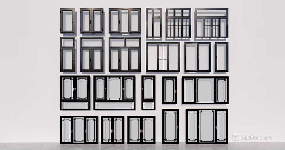 Various Style Window Frames With Different Designs Arranged On White Wall 3d model