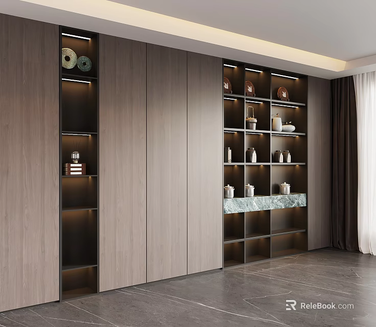 Modern Built in Tea Cabinet with Wooden Shelves Tea Sets Decorative Items and Interior Lighting 3d model 