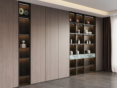 Modern Built in Tea Cabinet with Wooden Shelves Tea Sets Decorative Items and Interior Lighting 3d model