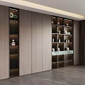 Modern Built in Tea Cabinet with Wooden Shelves Tea Sets Decorative Items and Interior Lighting