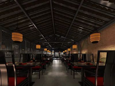 Traditional Restaurant Interior With Wooden Ceiling Hanging Lanterns Arranged Tables And Red Chairs 3d model