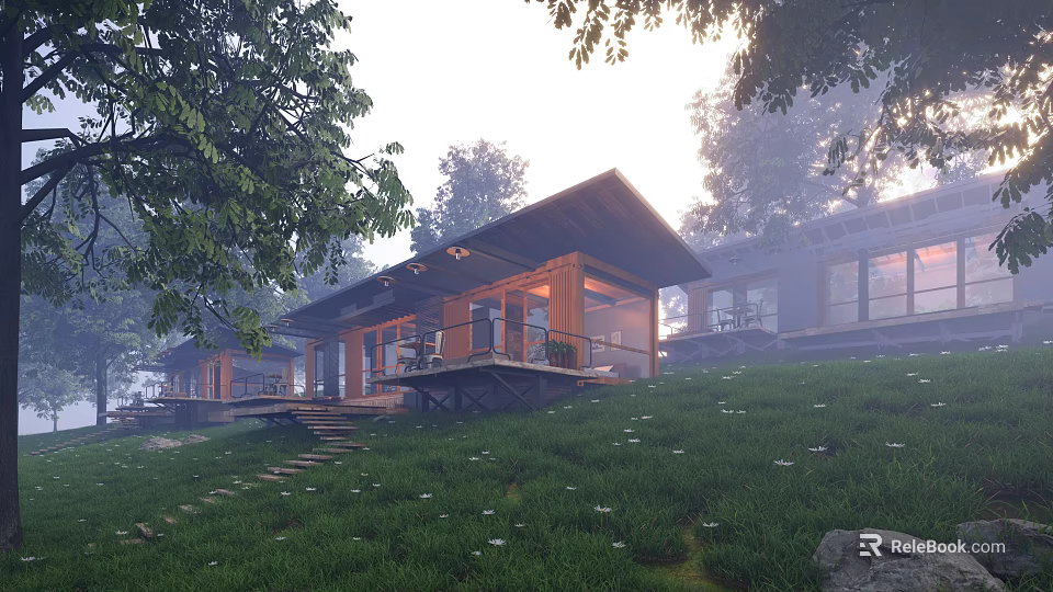 Modern Rustic Boutique Guesthouse Architecture With Wooden Exterior And Tree Surrounded Grass Terrace 3d model 