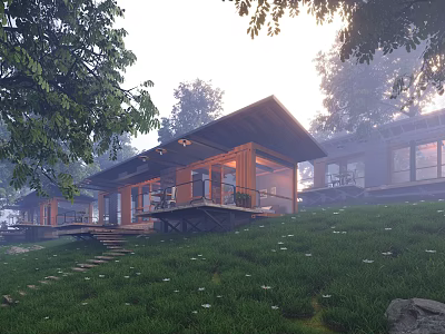 Modern Rustic Boutique Guesthouse Architecture With Wooden Exterior And Tree Surrounded Grass Terrace 3d model