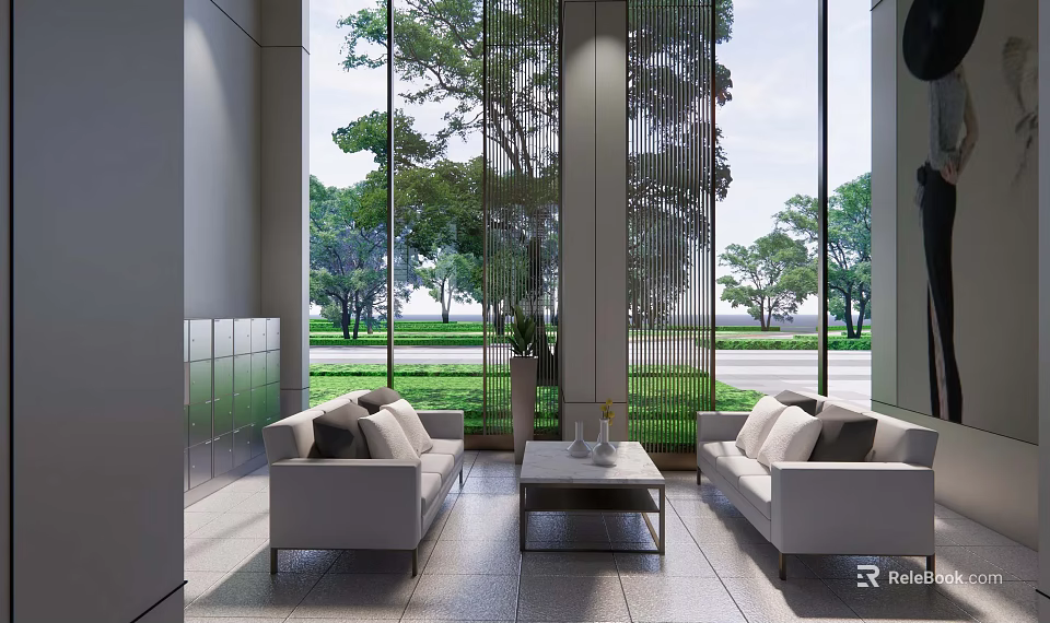 Modern Leisure Area With Floor To Ceiling Windows Green Plants White Sofas And Coffee Table 3d model 
