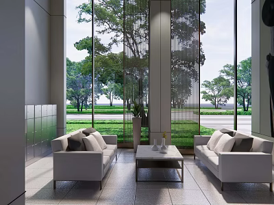 Modern Leisure Area With Floor To Ceiling Windows Green Plants White Sofas And Coffee Table 3d model