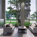 Modern Leisure Area With Floor To Ceiling Windows Green Plants White Sofas And Coffee Table