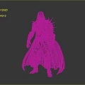 Man as Fantasy Warrior in Black Armor with Red Patterns Hood and Cloak