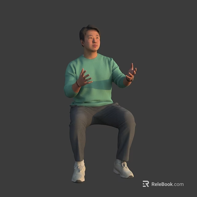 Man Sitting With Open Hands Wearing Green Sweater Gray Pants And White Shoes 3d model 
