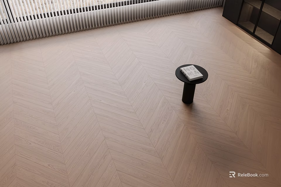 Modern Herringbone Wooden Flooring In Minimalist Interior With Small Round Table And Book 3d model 