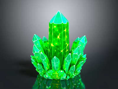 Vibrant Green Crystal Shaped Plant Featuring Spiky Tips And Yellow Glowing Spots With Reflection 3d model