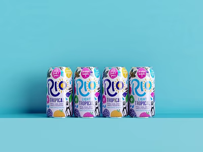 RIO Tropical Flavored Canned Beverage With Colorful Fruit Design On Blue Background 3d model