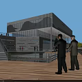 Modern Industrial Factory Building With Waterfront Lake Greenery Trees And Wooden Boardwalk