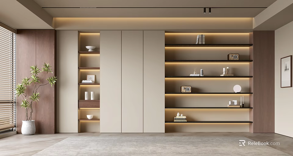 Modern Built in Sleek Bookshelf With LED Lighting And Neutral Tone Decorative Items 3d model 
