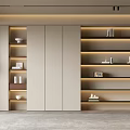 Modern Built in Sleek Bookshelf With LED Lighting And Neutral Tone Decorative Items