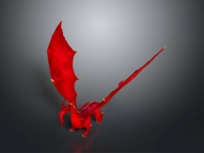 Red Dragon 3D Model With Large Wings Long Tail And Gray Background 3d model
