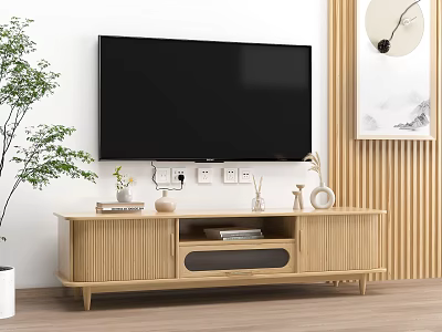 Minimalist Wooden TV Stand with Decor Items TV and Wall Art in Living Room 3d model