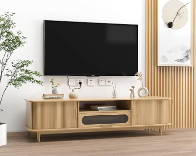 Minimalist Wooden TV Stand with Decor Items TV and Wall Art in Living Room 3d model
