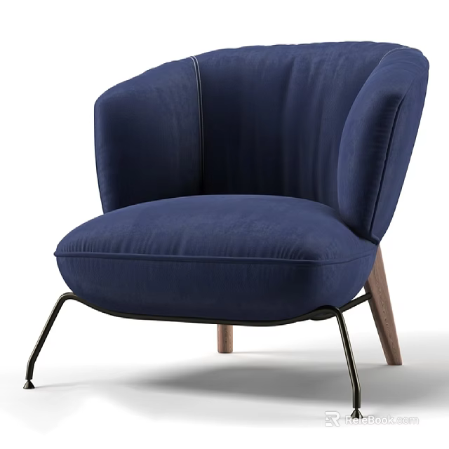 Navy Blue Velvet Leisure Chair With Curved Backrest Padded Seat And Metal Wooden Legs 3d model 