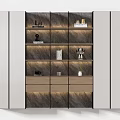 Modern Bookcase Design With Glass Doors Wooden Shelves Built-in Lighting And Decorative Items