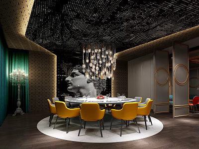 Elegant Private Dining Room Interior With Round Table Yellow Chairs Chandelier And Green Curtains 3d model