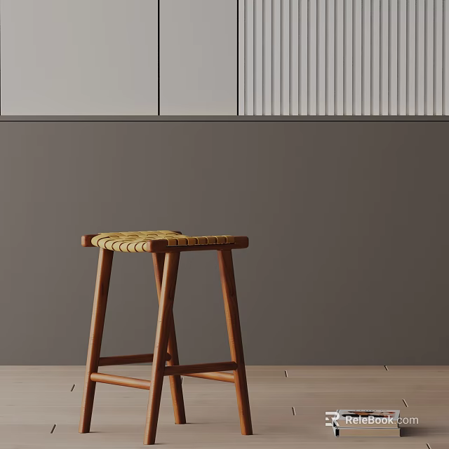Modern Wooden Bar Stool With Woven Seat In Minimalist Interior Space 3d model 