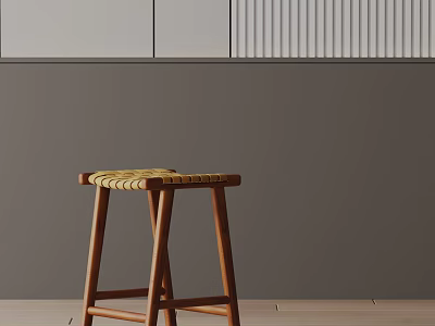 Modern Wooden Bar Stool With Woven Seat In Minimalist Interior Space 3d model