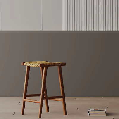 Modern Wooden Bar Stool With Woven Seat In Minimalist Interior Space 3d model
