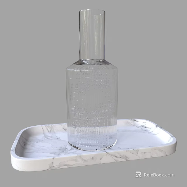 Clear Wine Bottle and Wine Glass Placed on White Marble Tray 3d model 