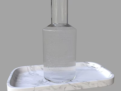 Clear Wine Bottle and Wine Glass Placed on White Marble Tray 3d model