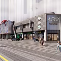 Modern International Commercial Street with Retail Stores Pedestrians and Stone Paved Walkway