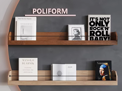 Books And Magazines On Poliform Wooden Shelves With Various Covers Displayed 3d model