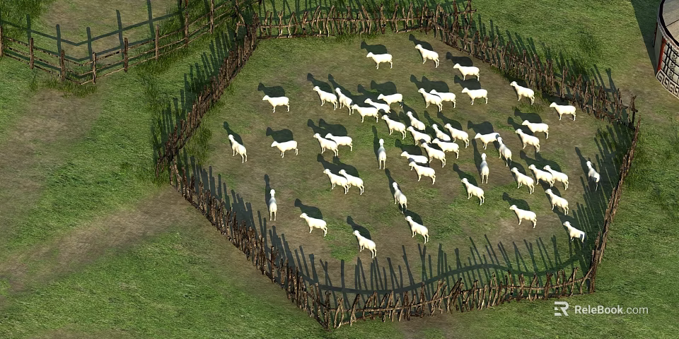 Ancient Architecture Traditional Wooden Fence Circular Enclosure With Sheep Grazing On Green Grassland 3d model 