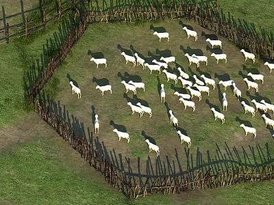 Ancient Architecture Traditional Wooden Fence Circular Enclosure With Sheep Grazing On Green Grassland 3d model