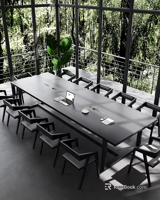 Modern Meeting Room Interior With Long Table Black Chairs Laptop And Green Balcony View 3d model 