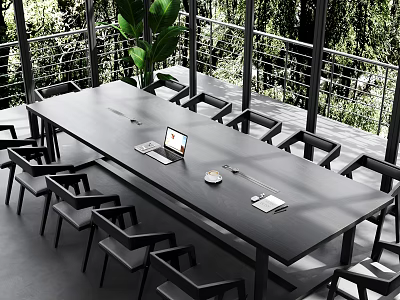 Modern Meeting Room Interior With Long Table Black Chairs Laptop And Green Balcony View 3d model