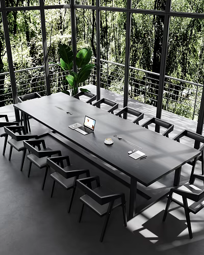 Modern Meeting Room Interior With Long Table Black Chairs Laptop And Green Balcony View 3d model