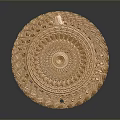 Ornamental Golden Carved Plate With Intricate Circular Patterns And Central Dot