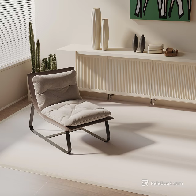 Modern Leisure Chair With Upholstered Cushion In Interior With Window Blinds Cactus And White Cabinet 3d model 