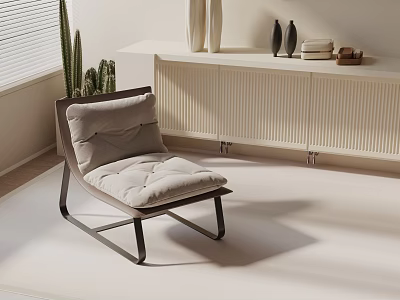 Modern Leisure Chair With Upholstered Cushion In Interior With Window Blinds Cactus And White Cabinet 3d model
