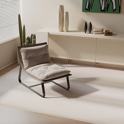 Modern Leisure Chair With Upholstered Cushion In Interior With Window Blinds Cactus And White Cabinet 3d model