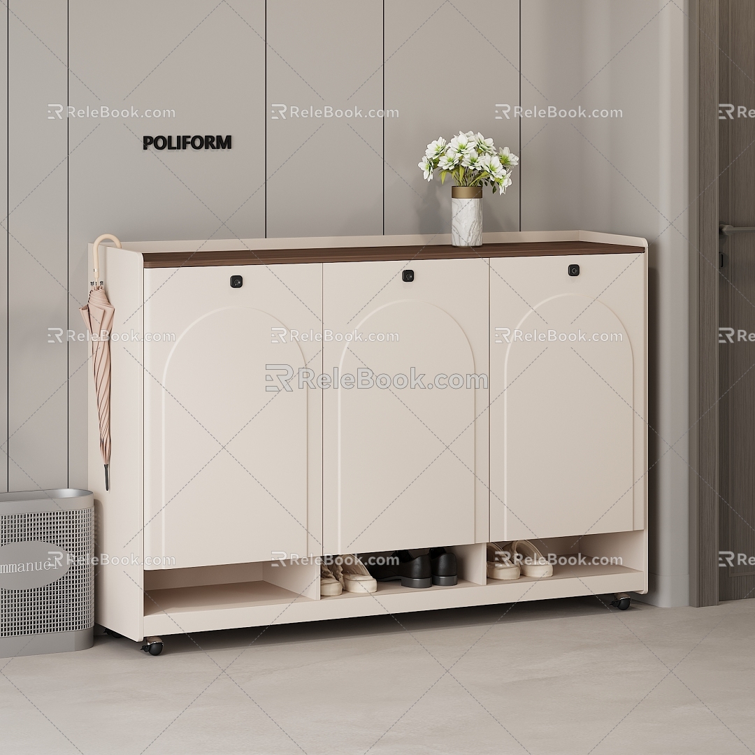 Cream Style Shoe Cabinet Side Cabinet Storage Cabinet Grocery Cabinet Packaging Box Cream White Walnut Corridor Vase Umbrella Sticker Box Wooden Door 3d model