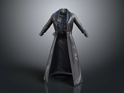 Black Leather Long Coat With Belted Design And Sleek Stylish Look 3d model