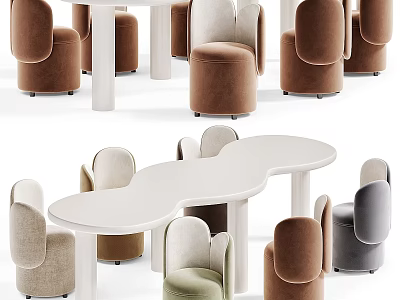Modern Table And Chair Set With Curved White Tabletop And Colored Upholstered Chairs 3d model