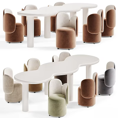 Modern Table And Chair Set With Curved White Tabletop And Colored Upholstered Chairs 3d model