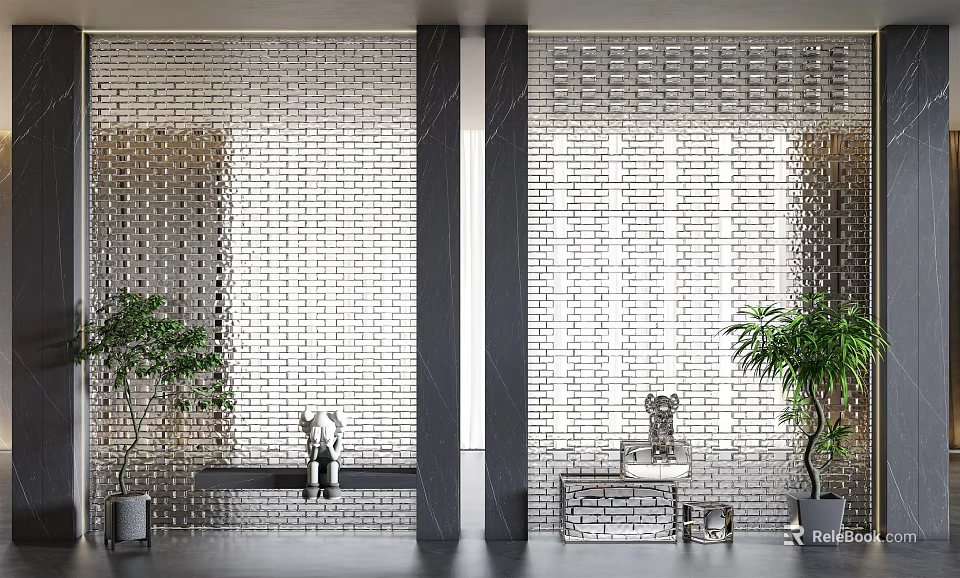 Elegant Modern Wall Design With Metal Tiles Decorative Sculptures And Green Plants 3d model 