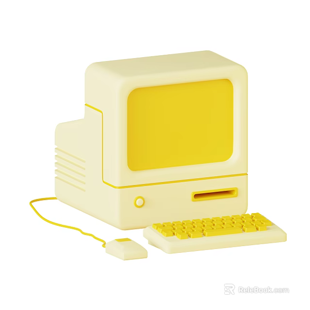 Retro Style Vintage Cream Computer With Yellow Monitor Keyboard And Mouse 3d model 