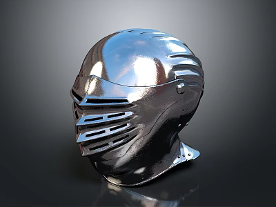 Shiny Medieval Metal Helmet With Striped Face Guard And Protective Armor Design 3d model
