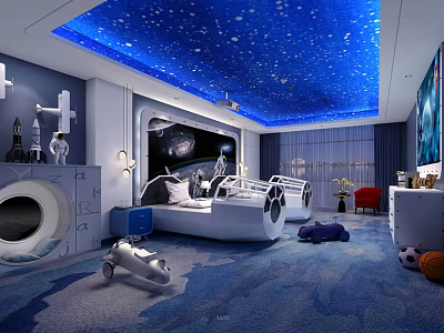 Space Themed Kids Room Interior Design With Starry Ceiling And Rocket Model 3d model